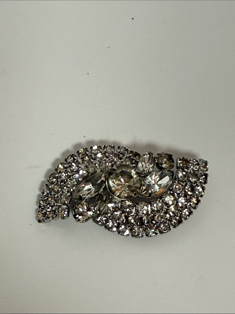 Vintage Crystal Leaf Brooch Pin - Clear Rhinestone Accent